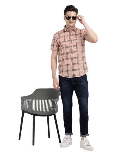 Model wearing Clarke Gable's Pink Checked Casual Shirt in a casual setting