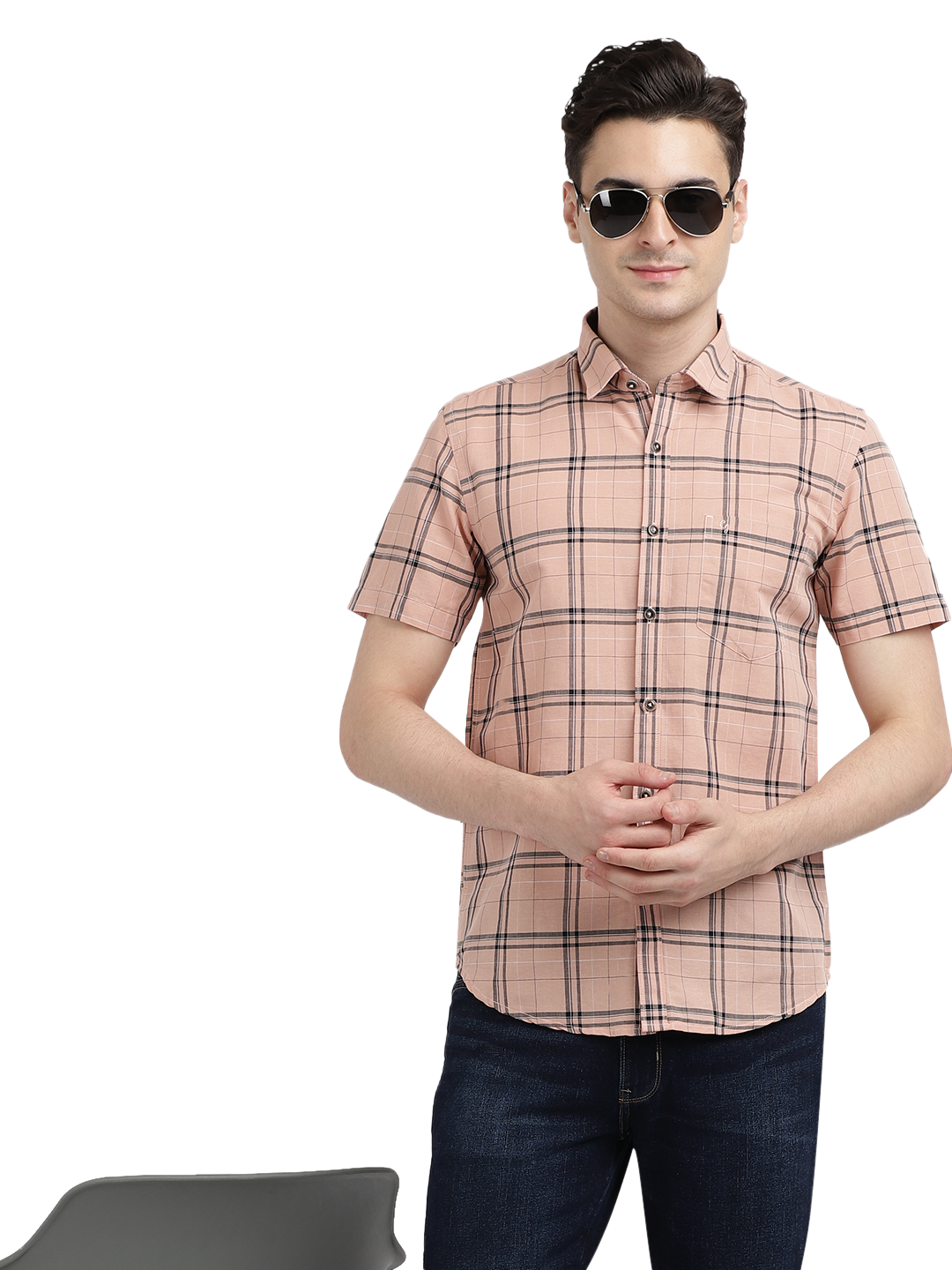 Model wearing Clarke Gable's Pink Checked Casual Shirt in a casual setting