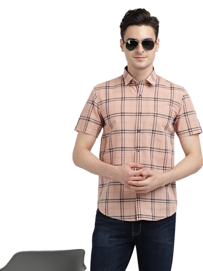 Model wearing Clarke Gable's Pink Checked Casual Shirt in a casual setting