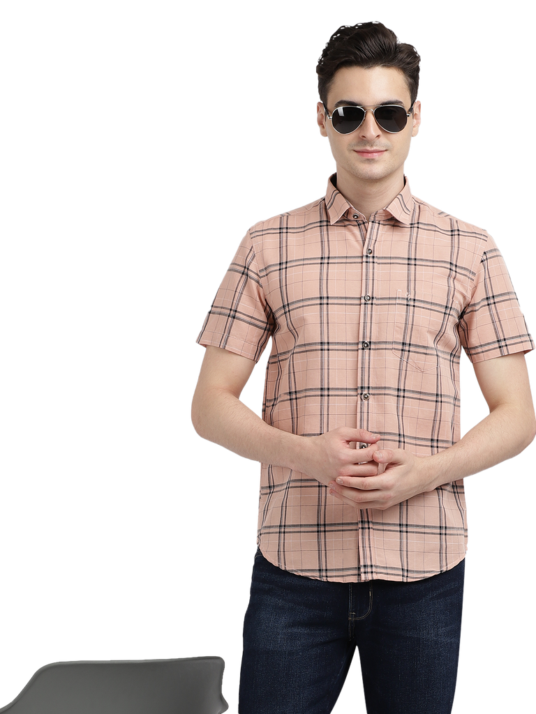 Model wearing Clarke Gable's Pink Checked Casual Shirt in a casual setting