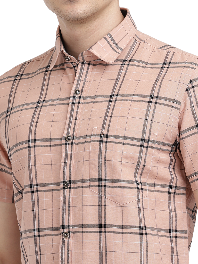 Model wearing Clarke Gable's Pink Checked Casual Shirt in a casual setting