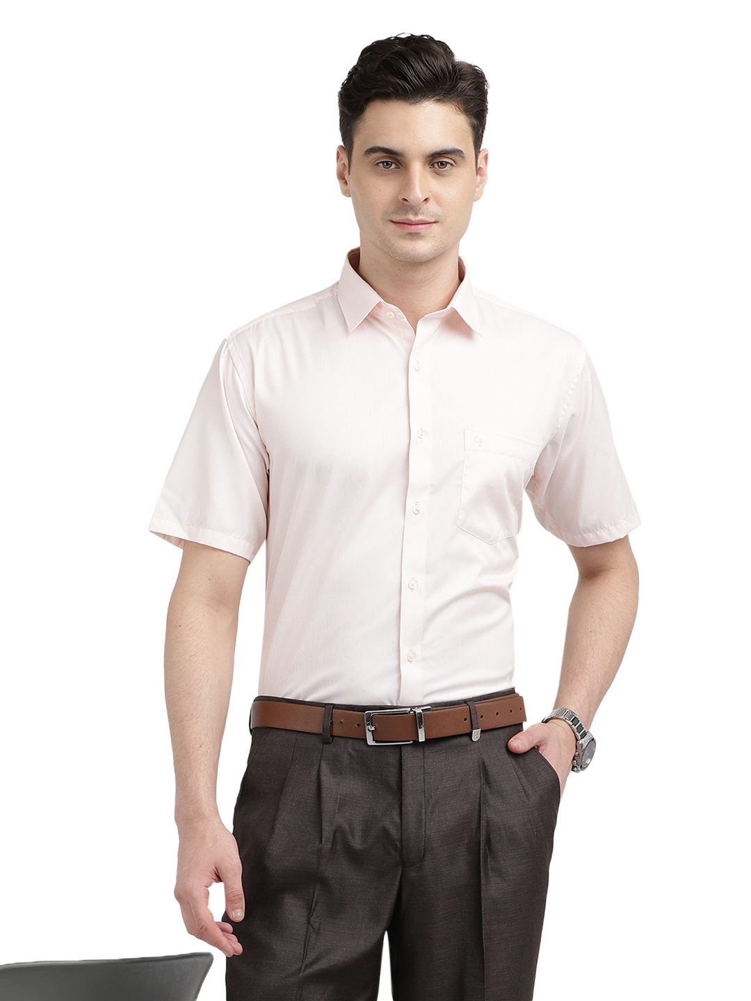 Model wearing Clarke Gable's Pink Striped Formal Shirt in a casual setting