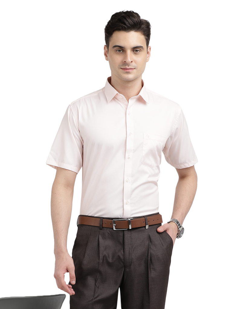 Model wearing Clarke Gable's Pink Striped Formal Shirt in a casual setting