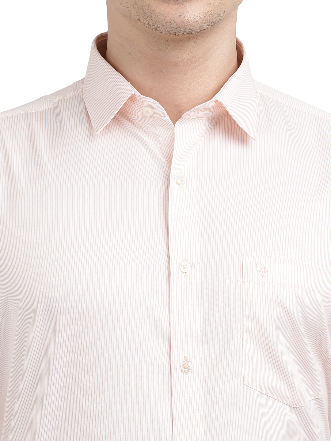 Model wearing Clarke Gable's Pink Striped Formal Shirt in a casual setting