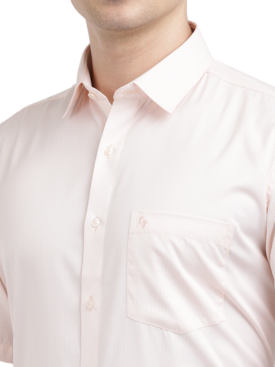 Model wearing Clarke Gable's Pink Striped Formal Shirt in a casual setting