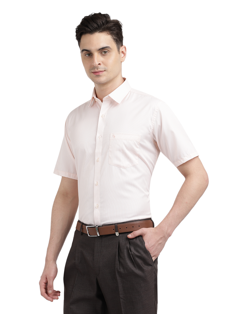 Model wearing Clarke Gable's Pink Striped Formal Shirt in a casual setting