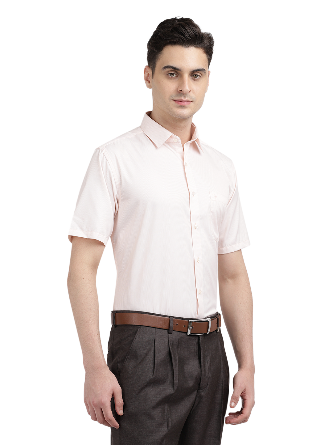 Model wearing Clarke Gable's Pink Striped Formal Shirt in a casual setting