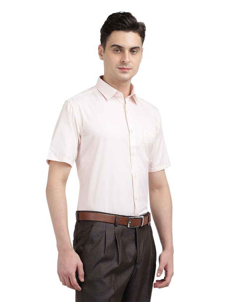 Model wearing Clarke Gable's Pink Striped Formal Shirt in a casual setting