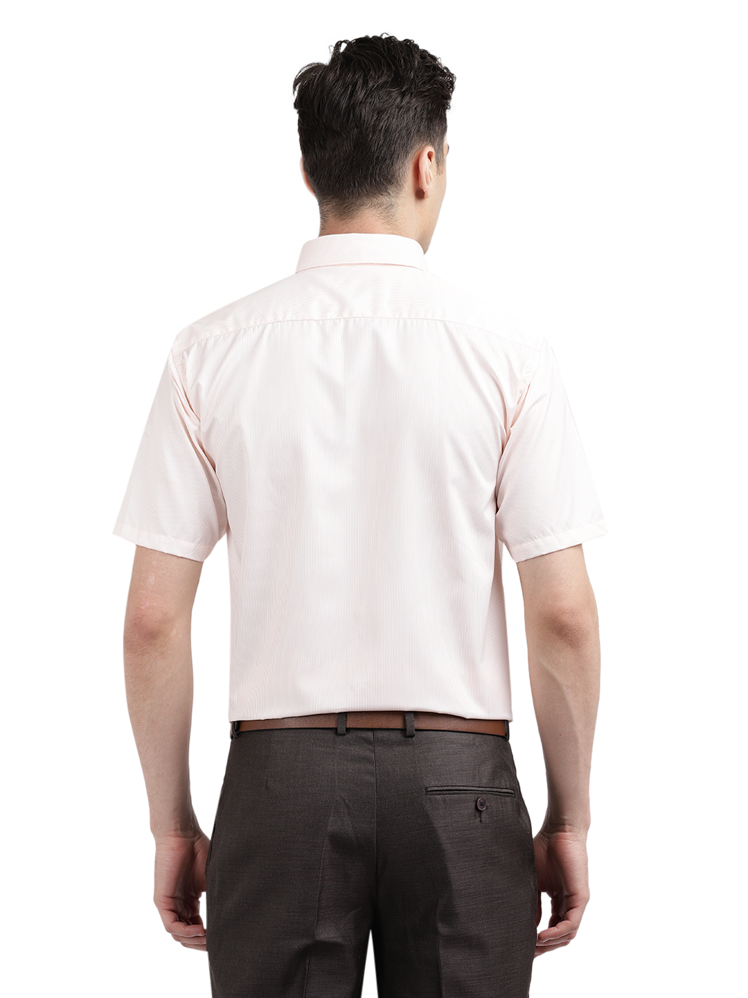 Model wearing Clarke Gable's Pink Striped Formal Shirt in a casual setting