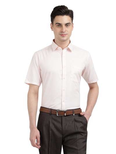Model wearing Clarke Gable's Pink Striped Formal Shirt in a casual setting