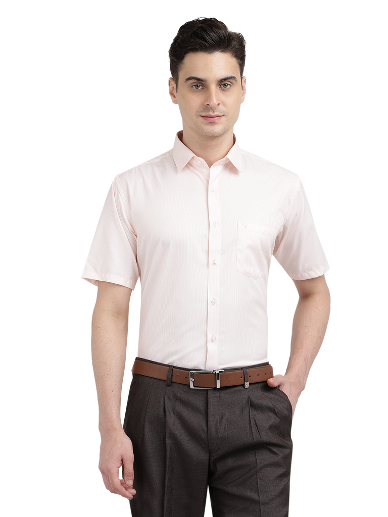 Model wearing Clarke Gable's Pink Striped Formal Shirt in a casual setting