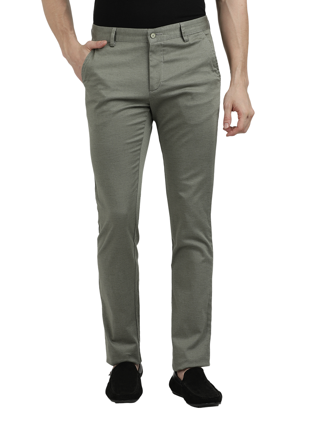 Model wearing Clarke Gable's Pista Custom Fit Trousers in a casual setting