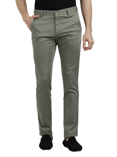 Model wearing Clarke Gable's Pista Custom Fit Trousers in a casual setting