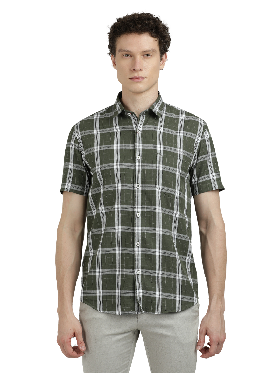 Model wearing Clarke Gable's Pista Green Checked Semi Casual Shirt in a casual setting
