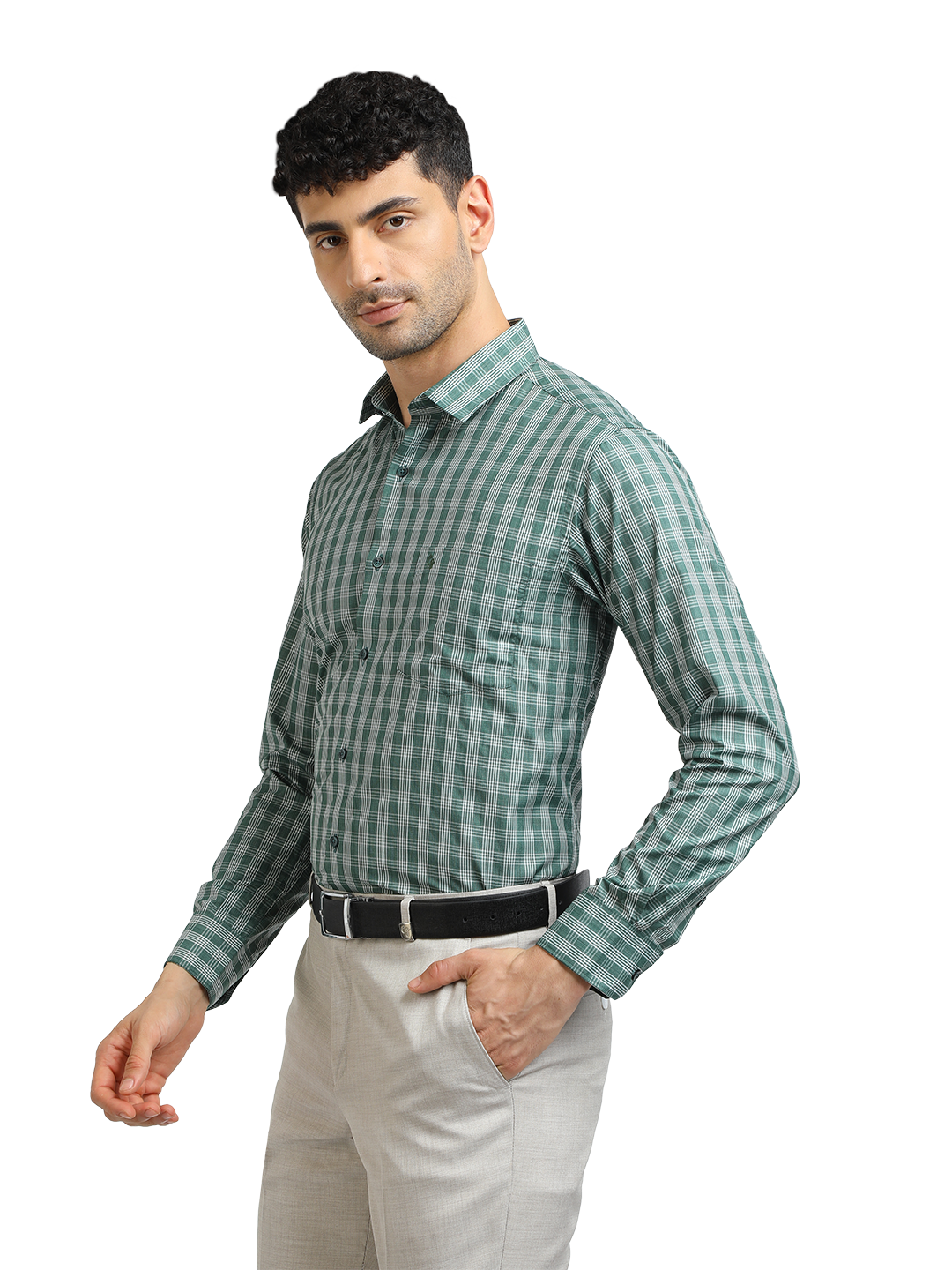 Model wearing Clarke Gable's Pista With White Checked Formal Shirt in a casual setting