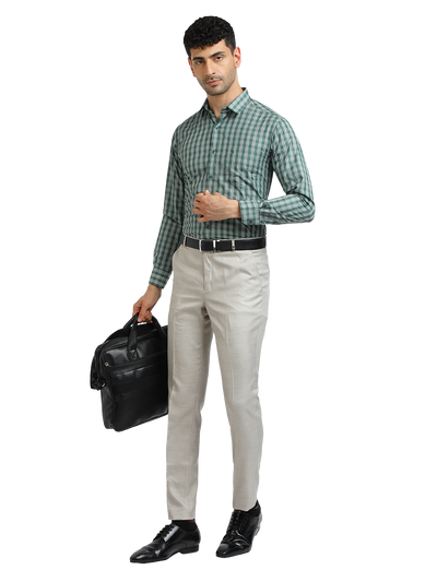 Model wearing Clarke Gable's Pista With White Checked Formal Shirt in a casual setting