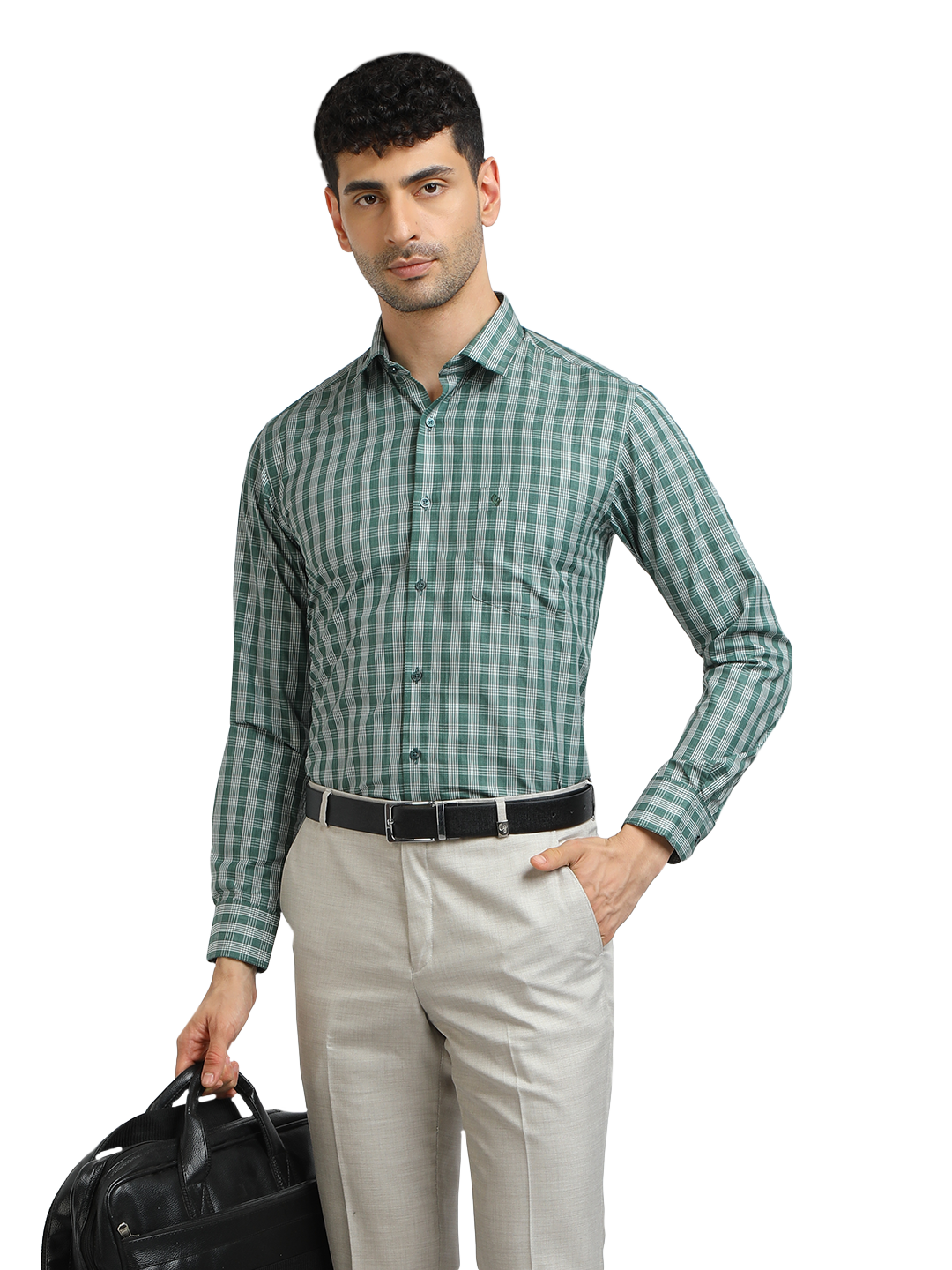Model wearing Clarke Gable's Pista With White Checked Formal Shirt in a casual setting