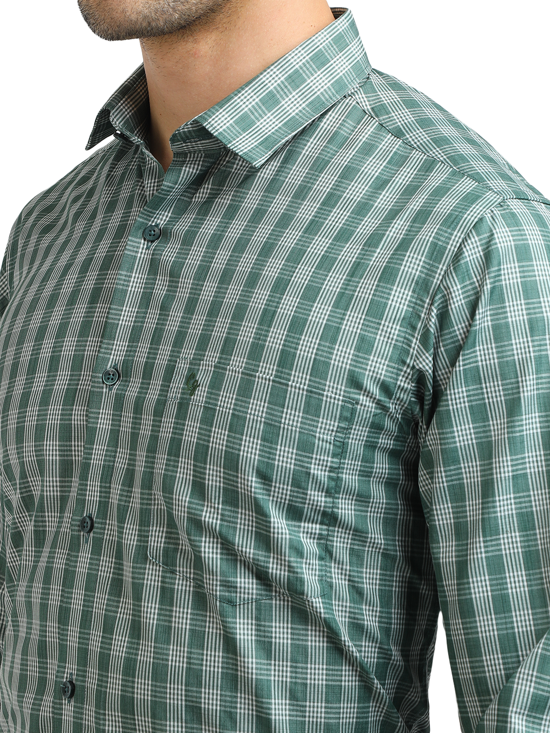 Model wearing Clarke Gable's Pista With White Checked Formal Shirt in a casual setting