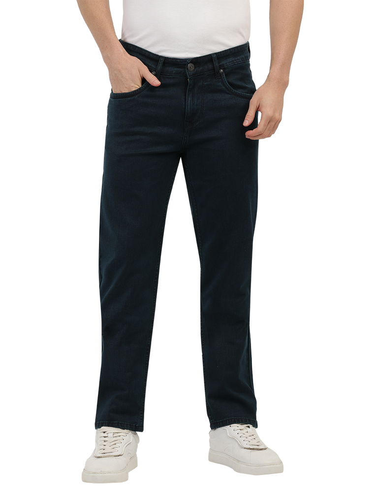 Model wearing Clarke Gable's Polor Blue Smart Fit Jeans in a casual setting