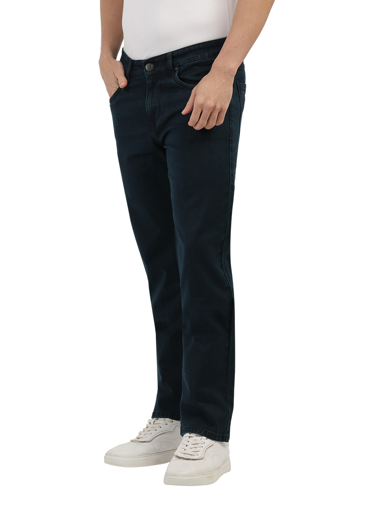 Model wearing Clarke Gable's Polor Blue Smart Fit Jeans in a casual setting