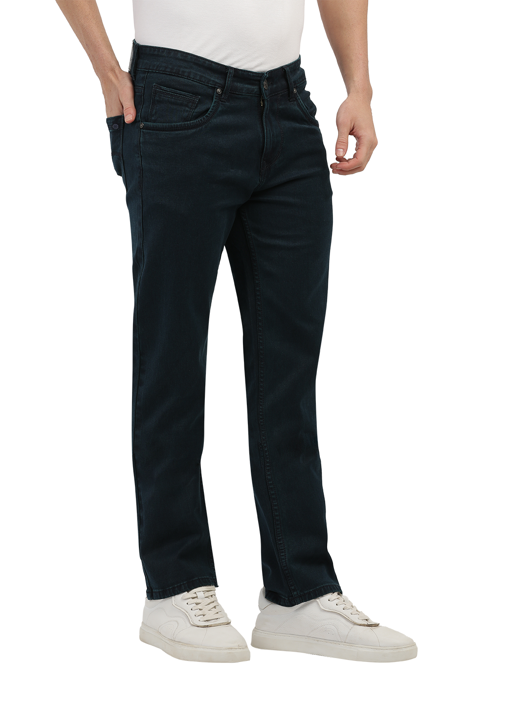 Model wearing Clarke Gable's Polor Blue Smart Fit Jeans in a casual setting
