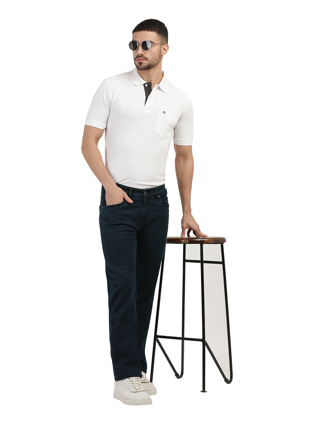 Model wearing Clarke Gable's Polor Blue Smart Fit Jeans in a casual setting