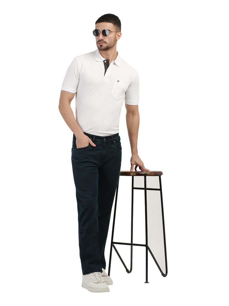 Model wearing Clarke Gable's Polor Blue Smart Fit Jeans in a casual setting