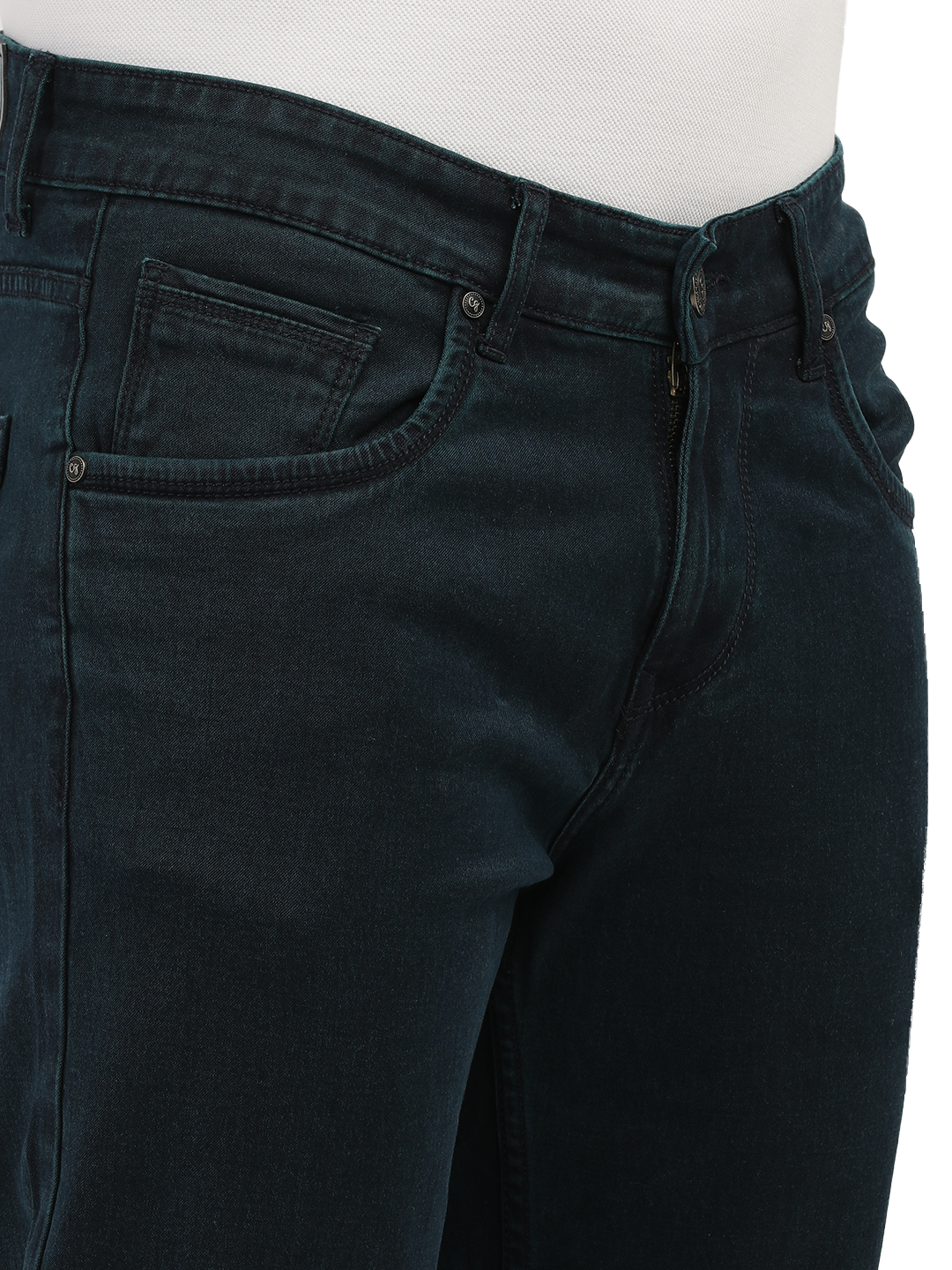 Model wearing Clarke Gable's Polor Blue Smart Fit Jeans in a casual setting