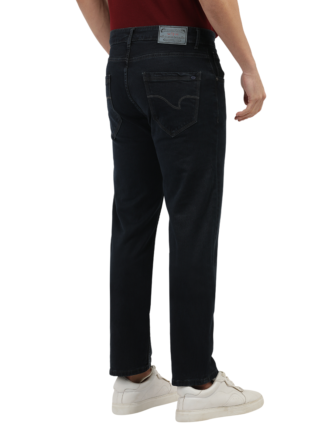 Model wearing Clarke Gable's Polor Grey Smart Fit Jeans in a casual setting