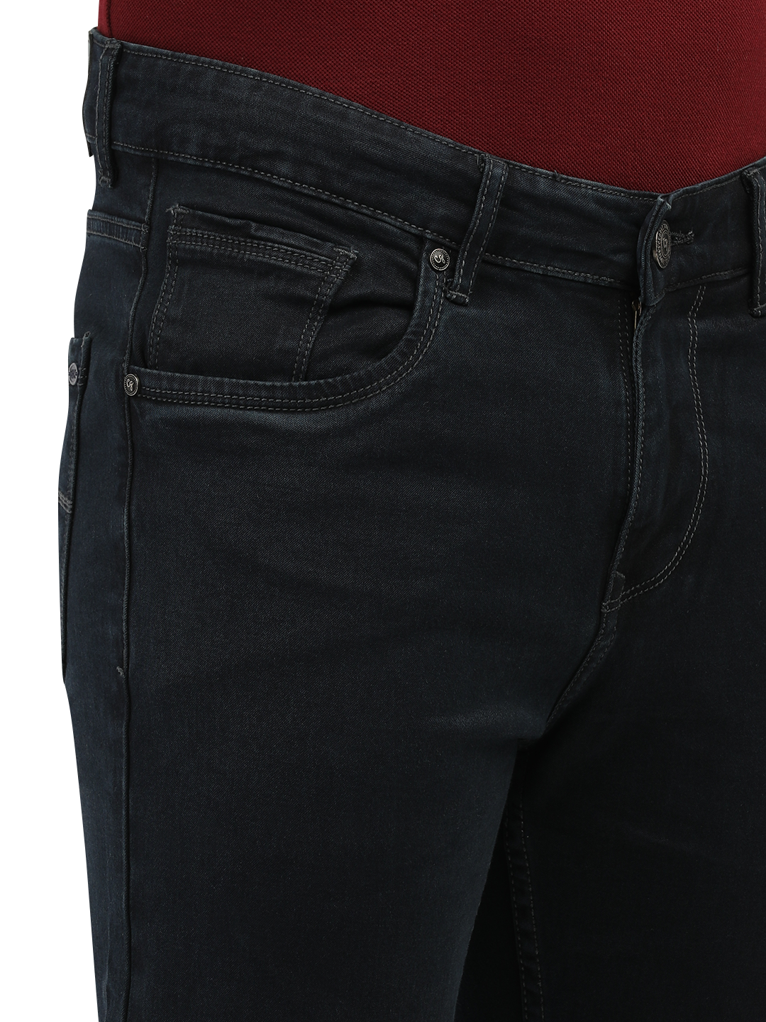 Model wearing Clarke Gable's Polor Grey Smart Fit Jeans in a casual setting