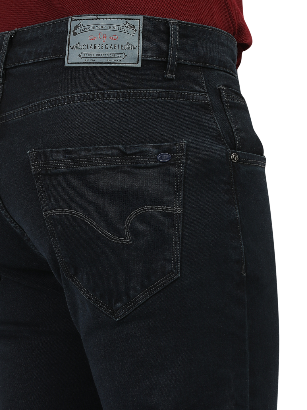 Model wearing Clarke Gable's Polor Grey Smart Fit Jeans in a casual setting