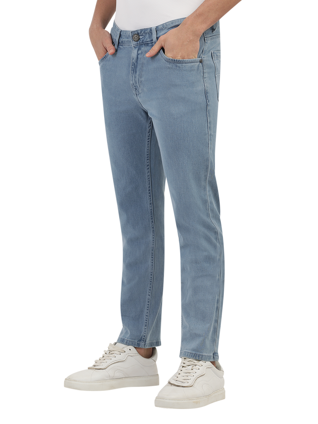 Model wearing Clarke Gable's Polor Ice Blue Smart Fit Jeans in a casual setting