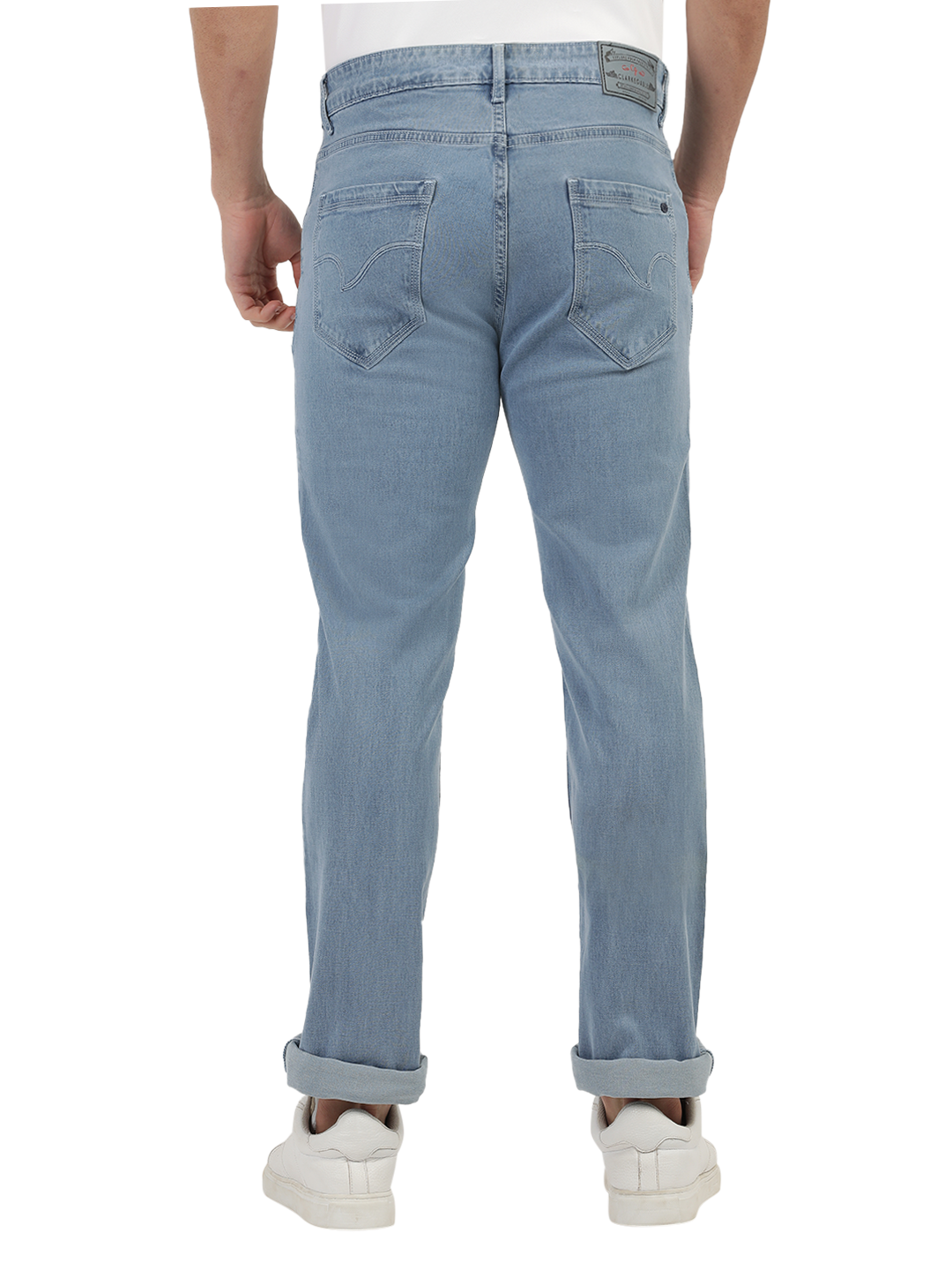 Model wearing Clarke Gable's Polor Ice Blue Smart Fit Jeans in a casual setting