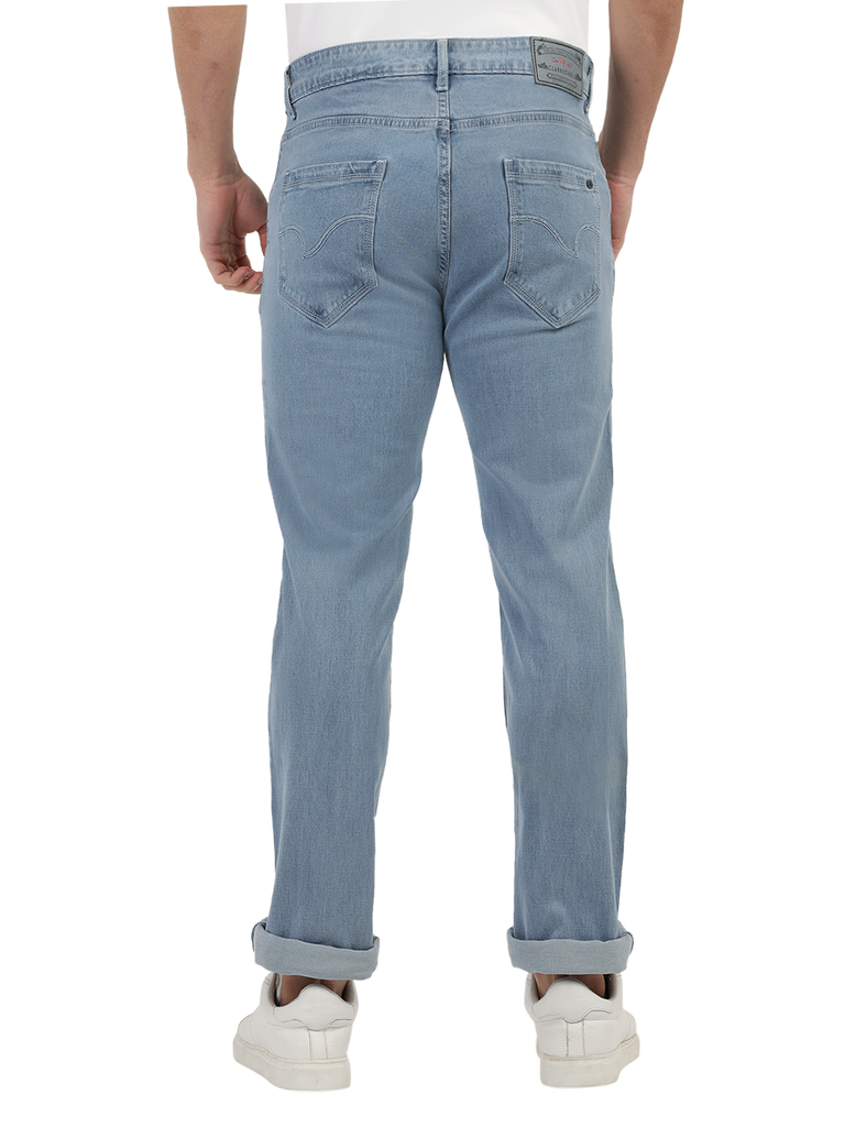 Model wearing Clarke Gable's Polor Ice Blue Smart Fit Jeans in a casual setting