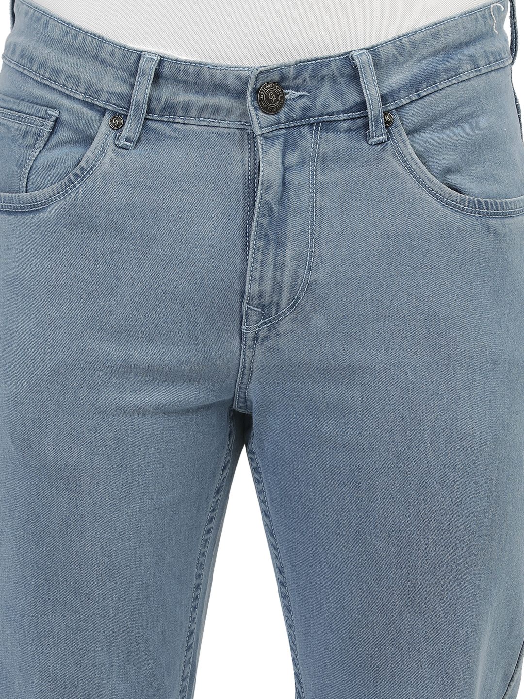 Model wearing Clarke Gable's Polor Ice Blue Smart Fit Jeans in a casual setting