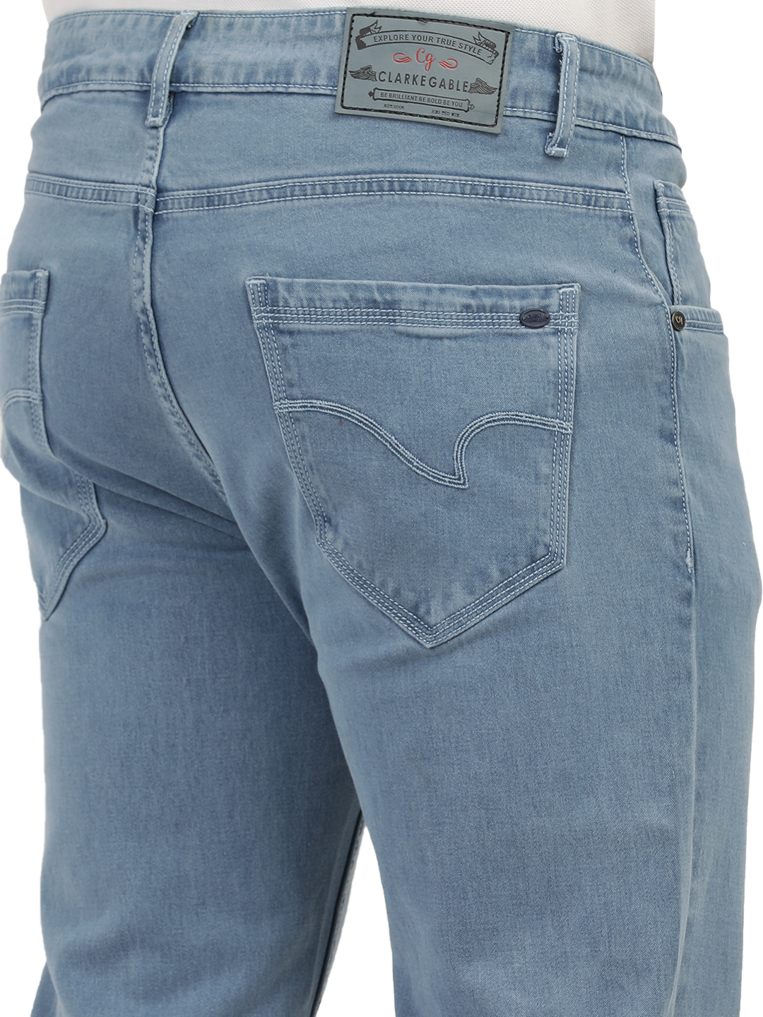 Model wearing Clarke Gable's Polor Ice Blue Smart Fit Jeans in a casual setting