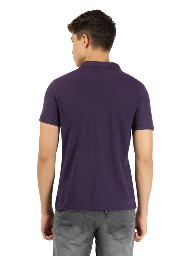 Model dressed in Clarke Gable's Violet Polo Collar T-Shirt in a casual setting