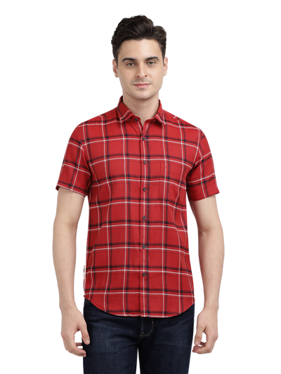 Model wearing Clarke Gable's Red With Black Checked Casual Shirt in a casual setting
