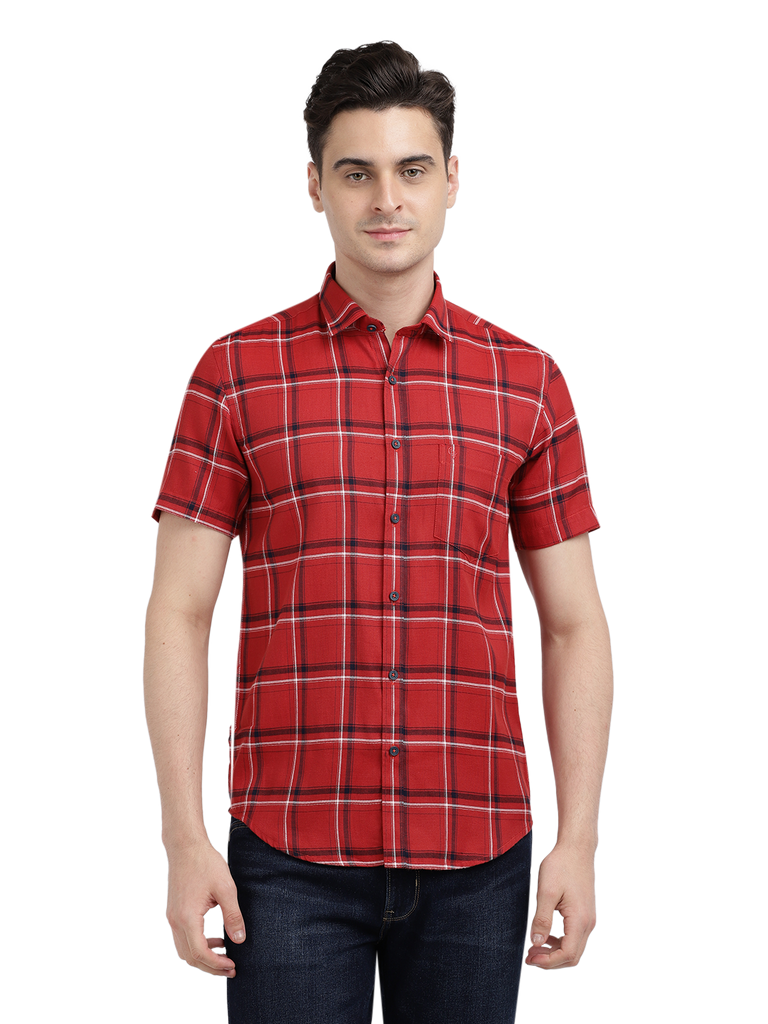 Model wearing Clarke Gable's Red With Black Checked Casual Shirt in a casual setting