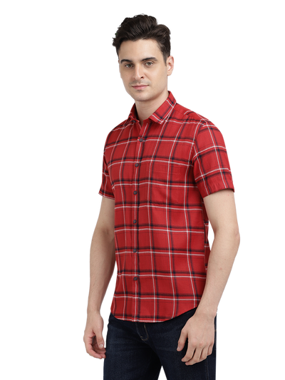 Model wearing Clarke Gable's Red With Black Checked Casual Shirt in a casual setting