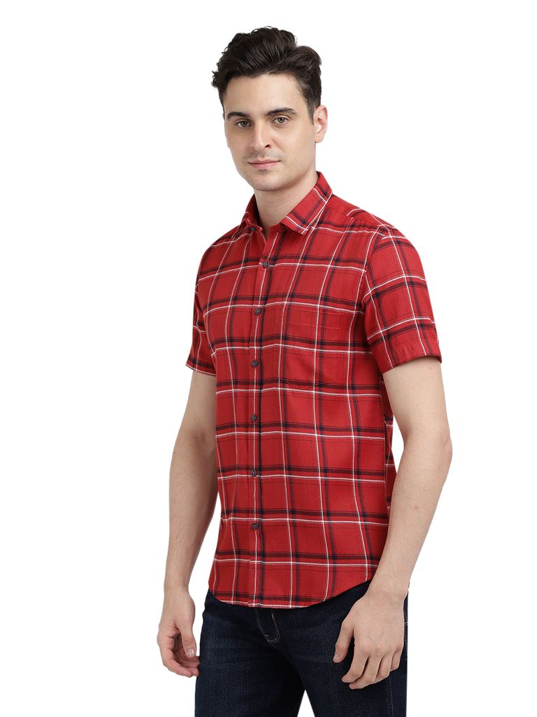 Model wearing Clarke Gable's Red With Black Checked Casual Shirt in a casual setting