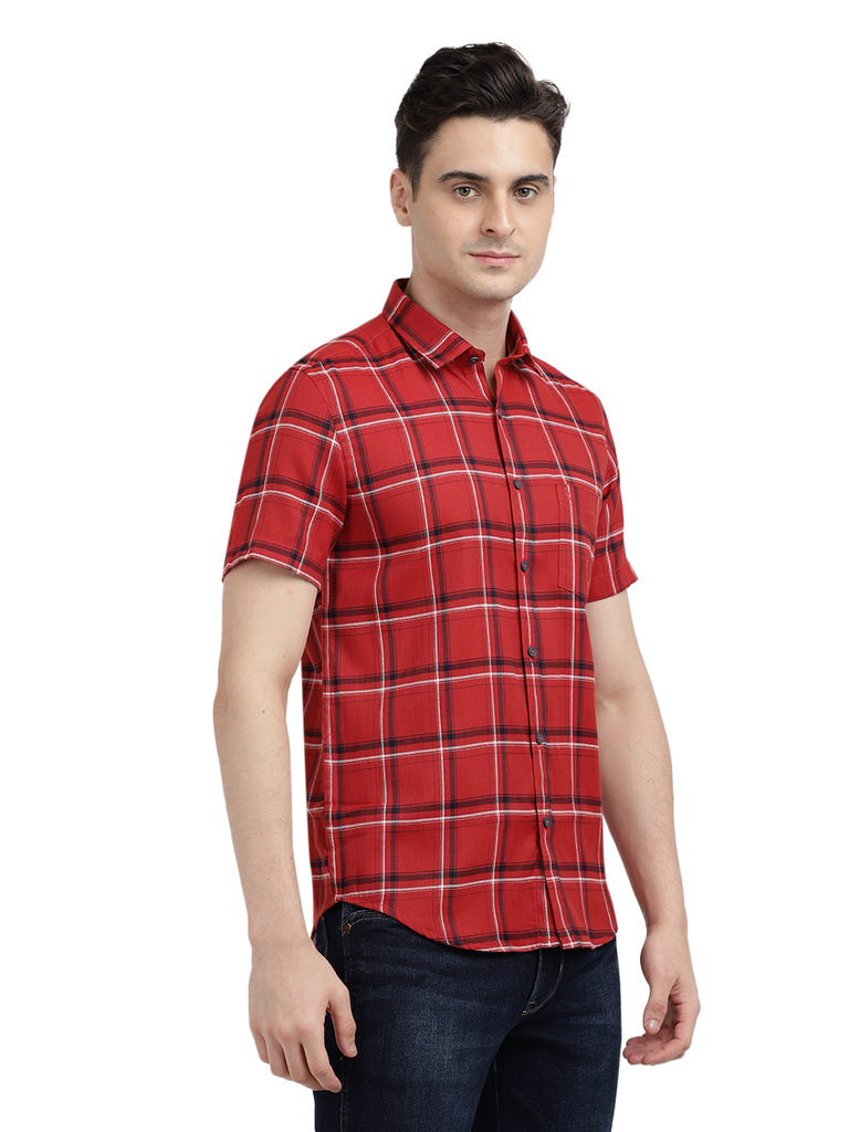 Model wearing Clarke Gable's Red With Black Checked Casual Shirt in a casual setting