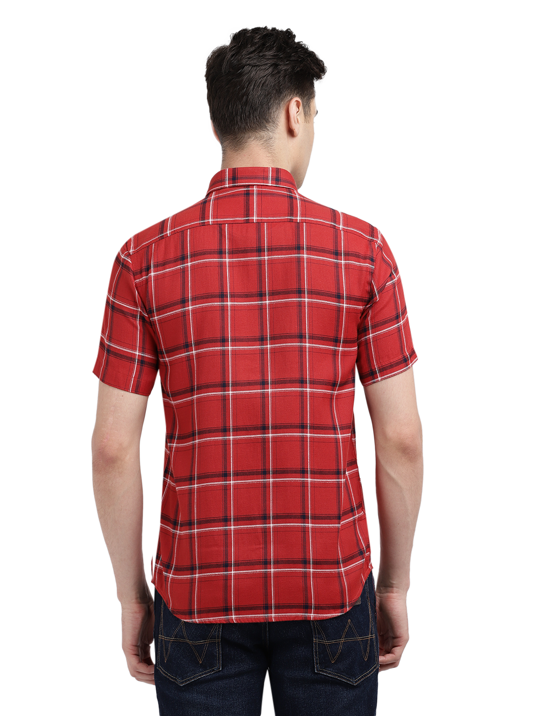 Model wearing Clarke Gable's Red With Black Checked Casual Shirt in a casual setting