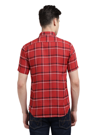 Model wearing Clarke Gable's Red With Black Checked Casual Shirt in a casual setting