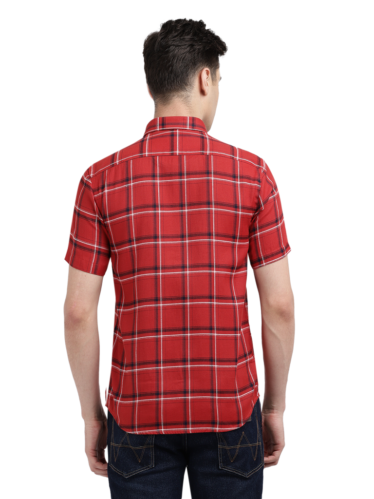 Model wearing Clarke Gable's Red With Black Checked Casual Shirt in a casual setting