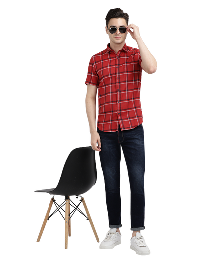 Model wearing Clarke Gable's Red With Black Checked Casual Shirt in a casual setting