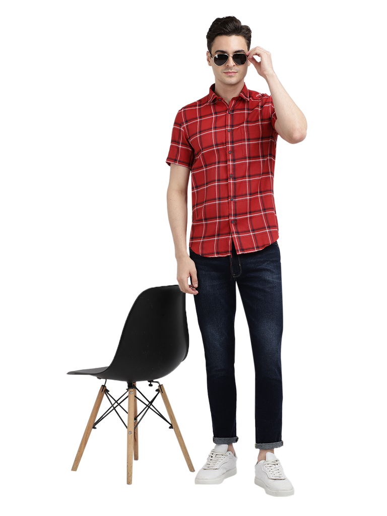 Model wearing Clarke Gable's Red With Black Checked Casual Shirt in a casual setting