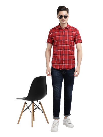 Model wearing Clarke Gable's Red With Black Checked Casual Shirt in a casual setting