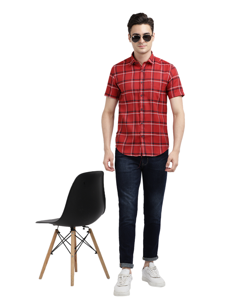 Model wearing Clarke Gable's Red With Black Checked Casual Shirt in a casual setting