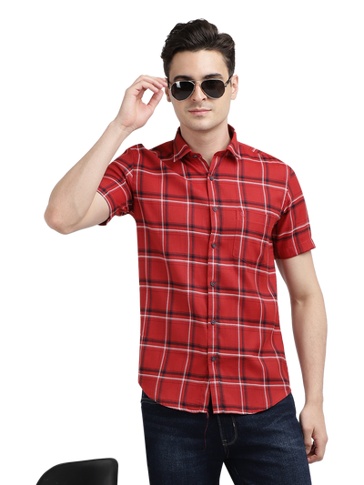 Model wearing Clarke Gable's Red With Black Checked Casual Shirt in a casual setting